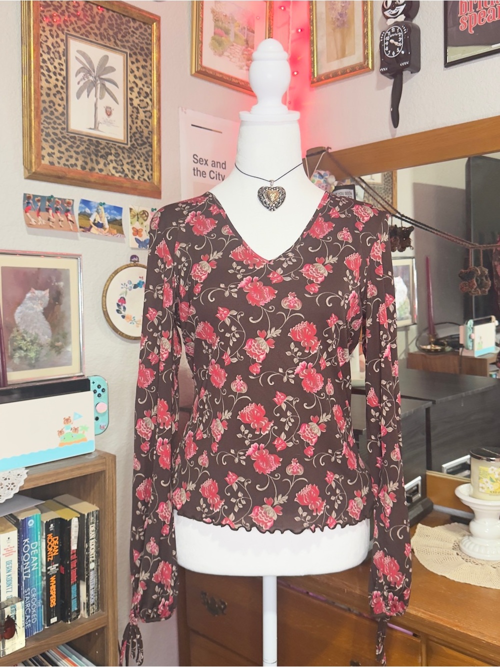 Y2K Brown Floral V-Neck Long Sleeve Top with Pink Roses - Picture 3 of 10